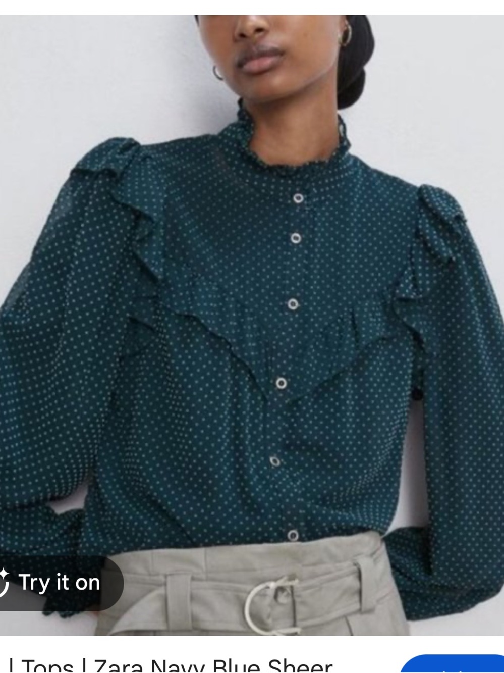 Zara Deep Green Teal Polka Dot Ruffle Button-Up Blouse Top size Large